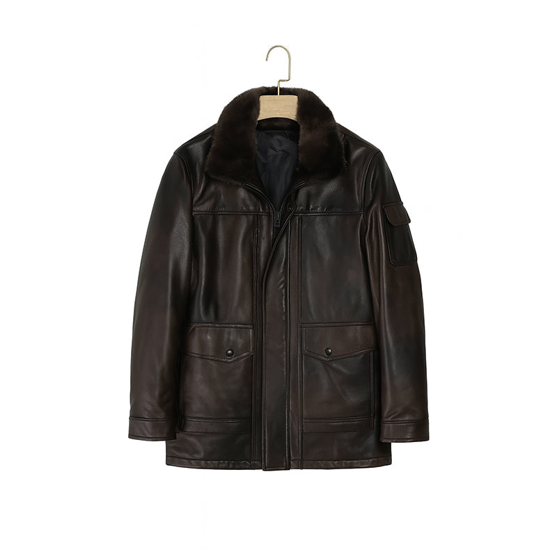 Men's Luxurious Brown Front Pocket Jacket with Fur Collar
