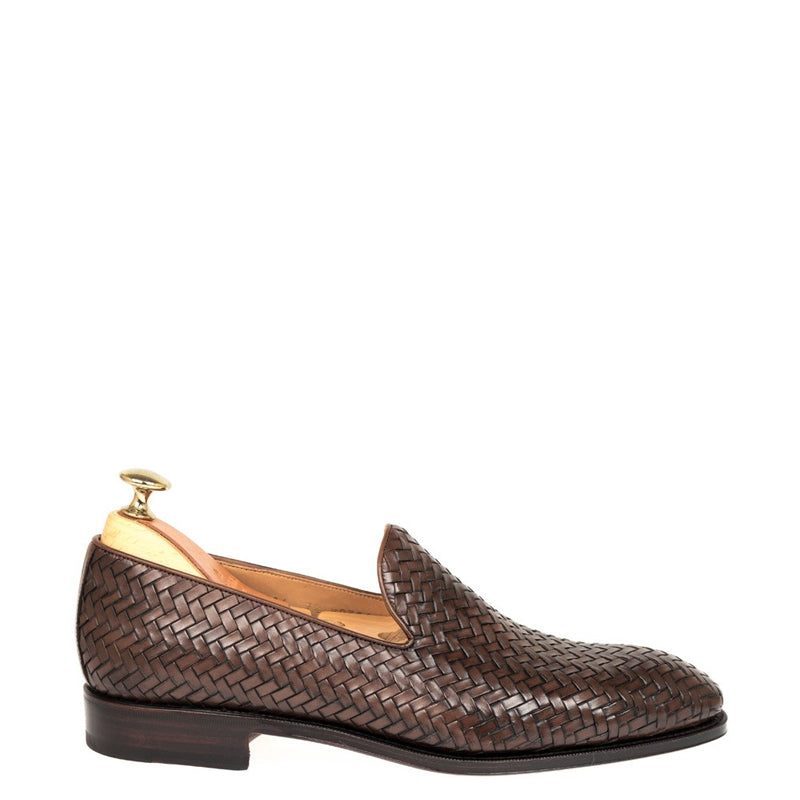 Woven Print Braided Italian Leather Brown Loafer