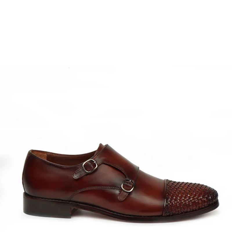 Double Monk Woven Leather Cap-Toe Brown Shoe