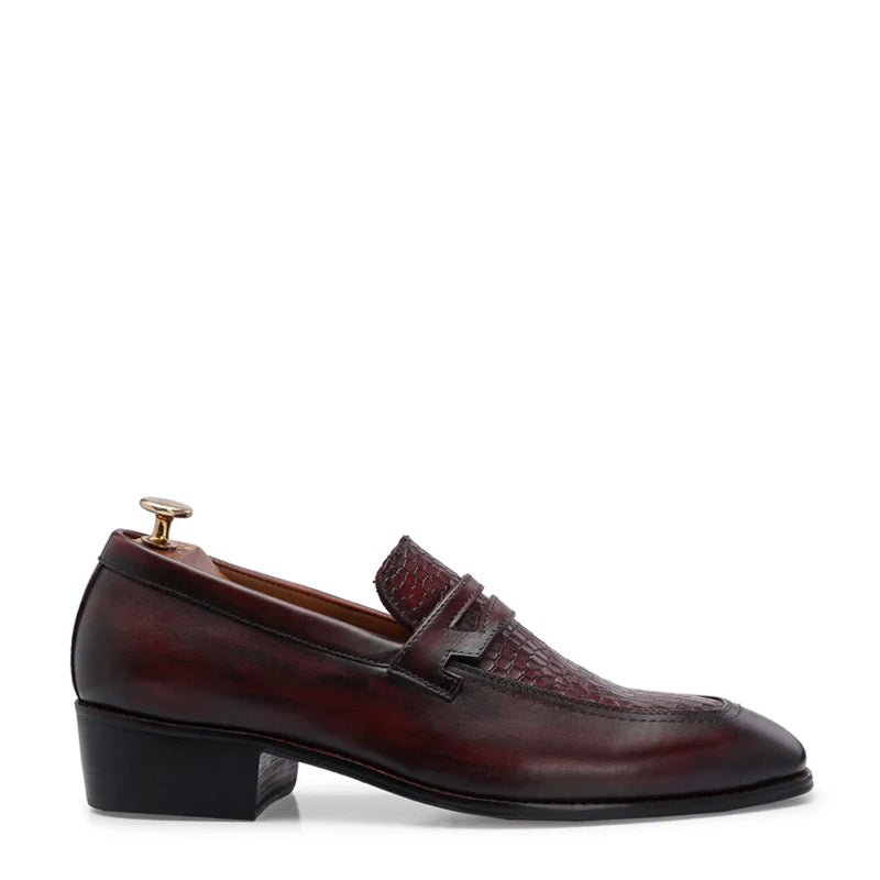 Luxury Croc Upper Cuban Heel Leather Burgundy Loafer