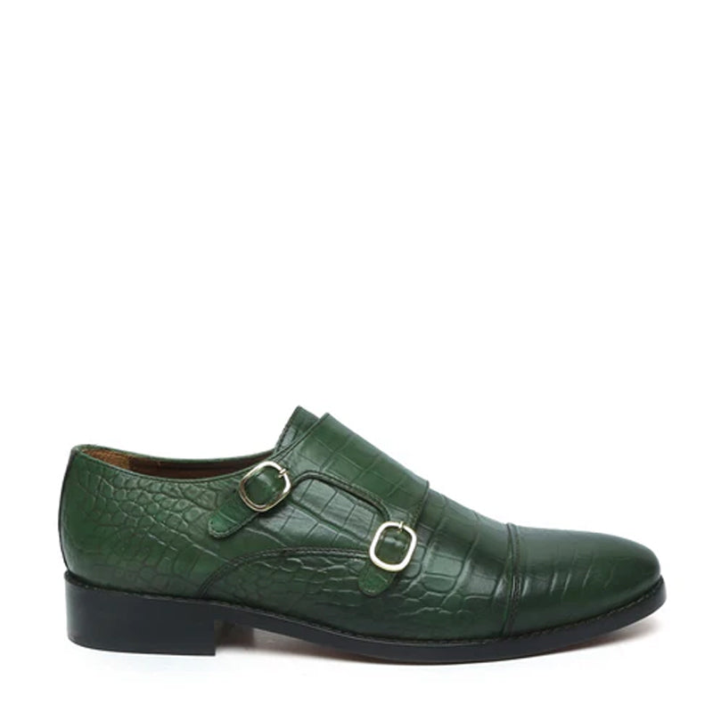 green dress shoes mens Croco Textured Leather Double Monk Green Shoe – Italian Shoes Company