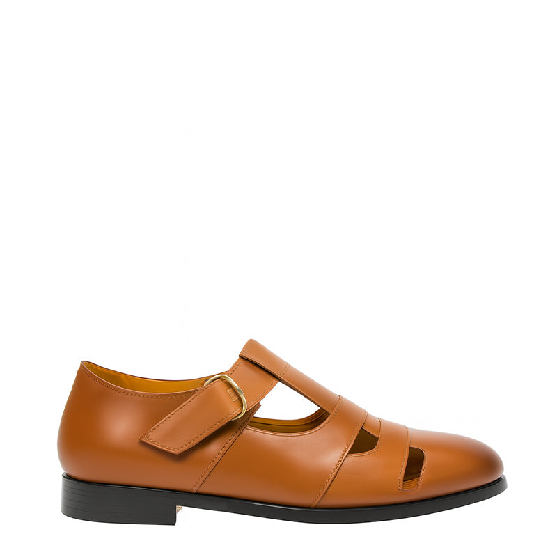 Closed Toe Tan Leather Sandal with Buckle Strap