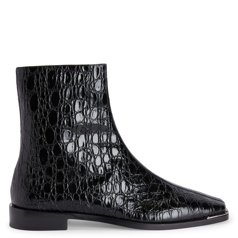 Croco Effect Mid-Top Leather Side Zipper Boot Black
