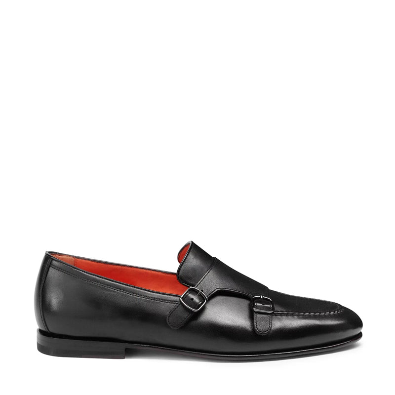 Men Polished Double Buckle Leather Monk Strap