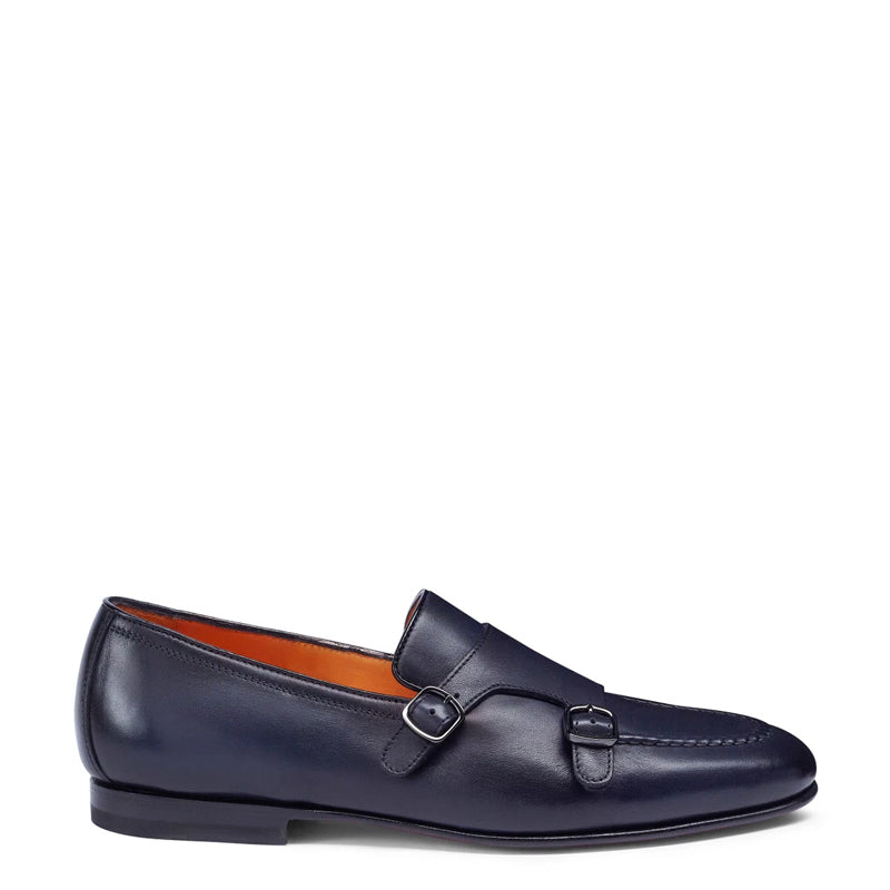 Men Blue Polished Double Buckle Leather Loafer