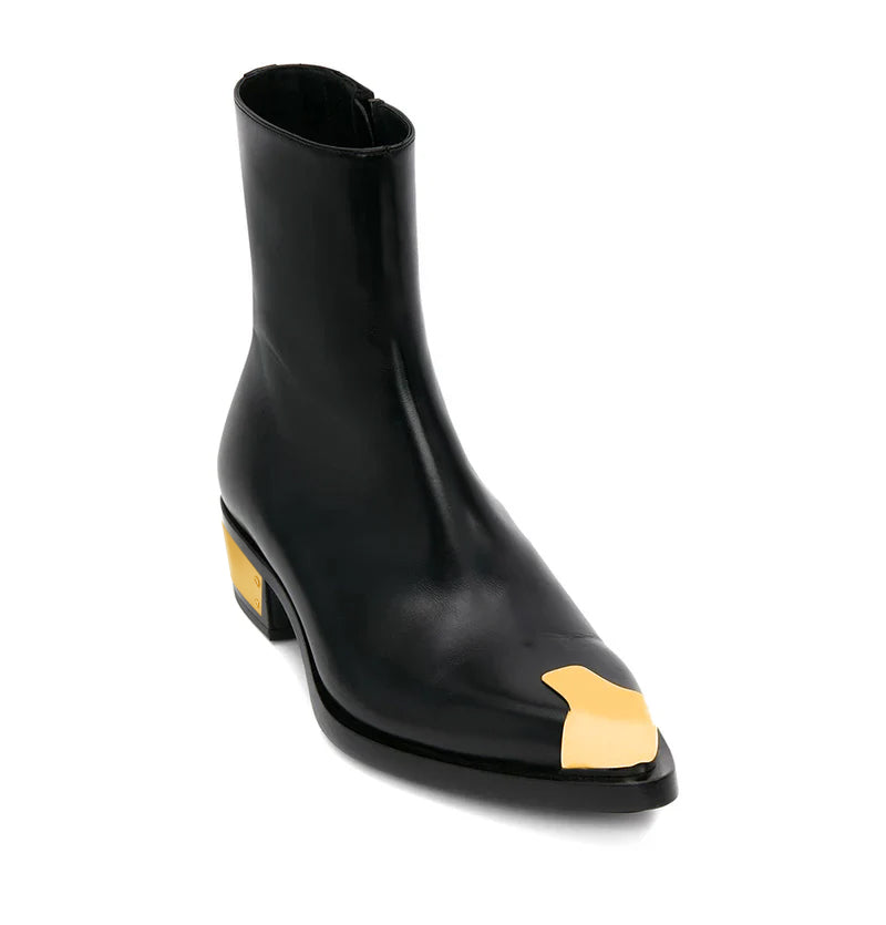 Punk Leather Boots Golden Toe Black Shoe