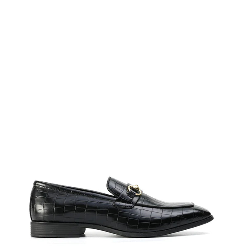 Croco Effect Leather Horsebit Buckled Black Loafer