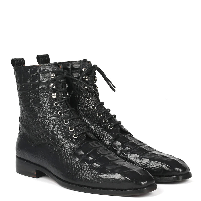 Men Croco Embossed Leather Lace-Up Ankle Boots