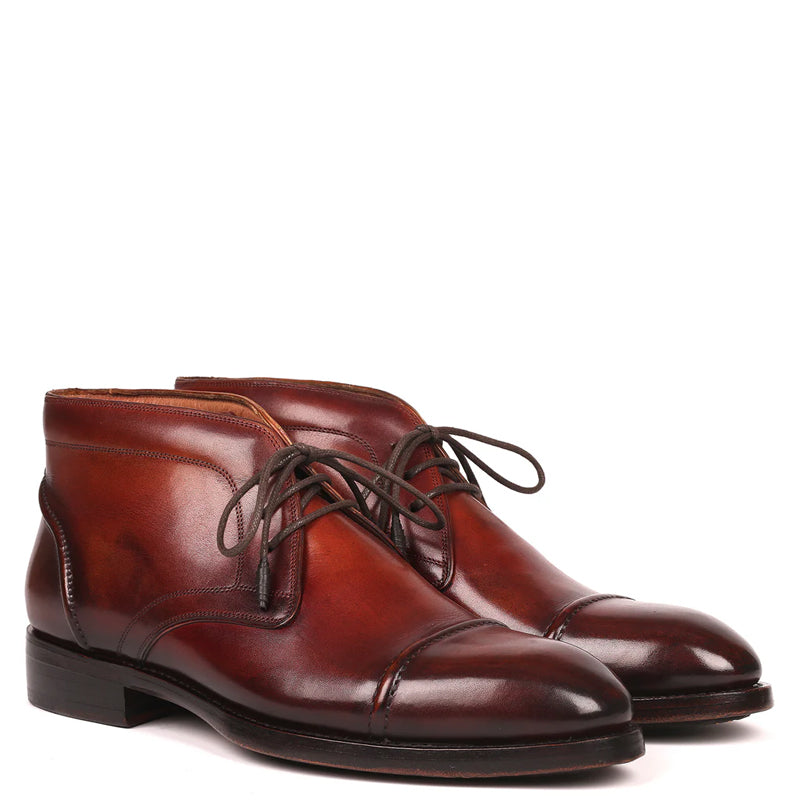 Polished Pure Leather Handpainted Cap-Toe Chukkas Brown Boot
