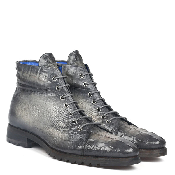 Hand Painted Croco Print Leather Lace Up Boot Burgundy