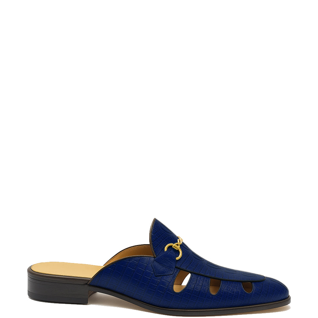 Embellished Textured Leather Mule Blue