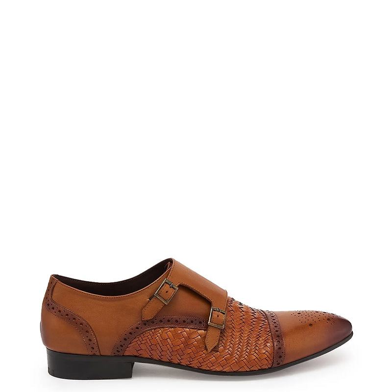 Men Woven Textured Leather Double Monk Strap Shoes