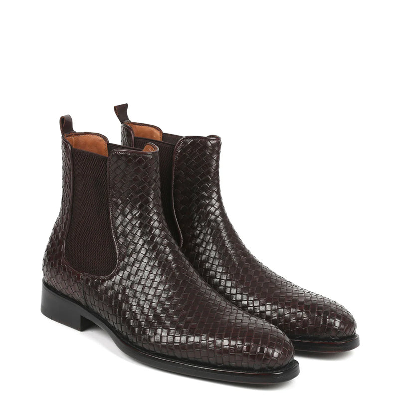 Woven Handmade Shiny Leather Chelsea Black Boot