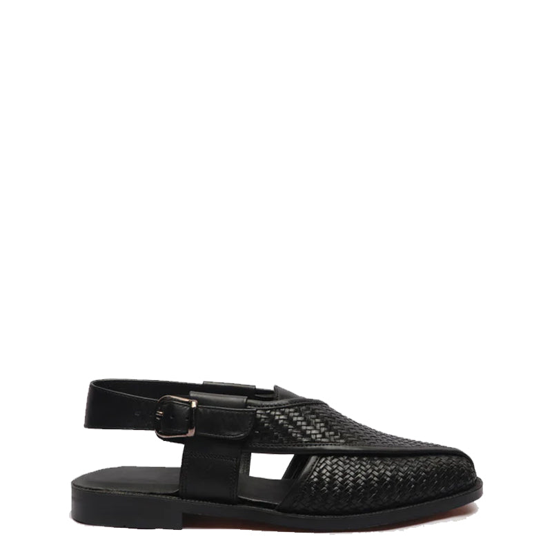 Woven Back Strap Leather Peshawari Black Sandal