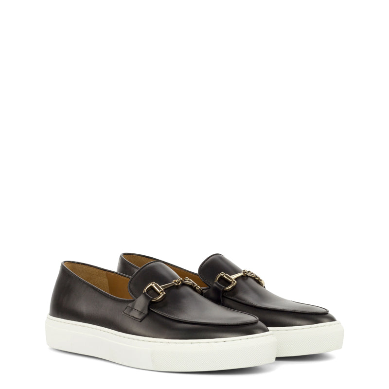 Men Classic Horsebit Gold Buckled Black Sneaker