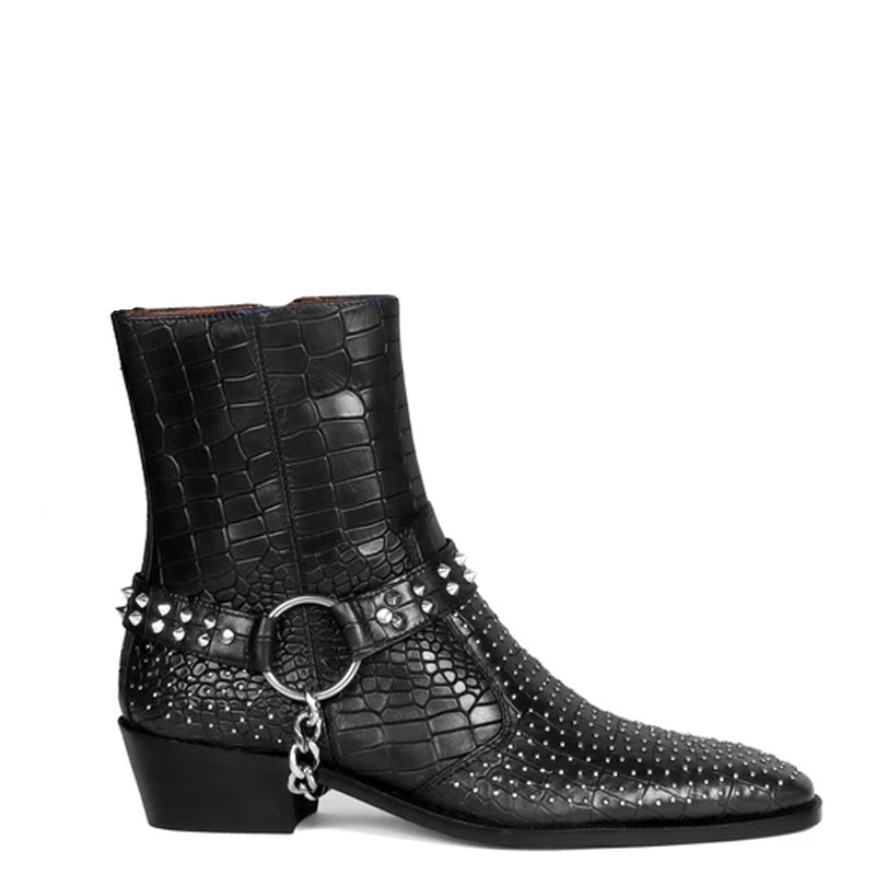 Croco With Silver Studded Buckle Side-Zipper Chain Boots