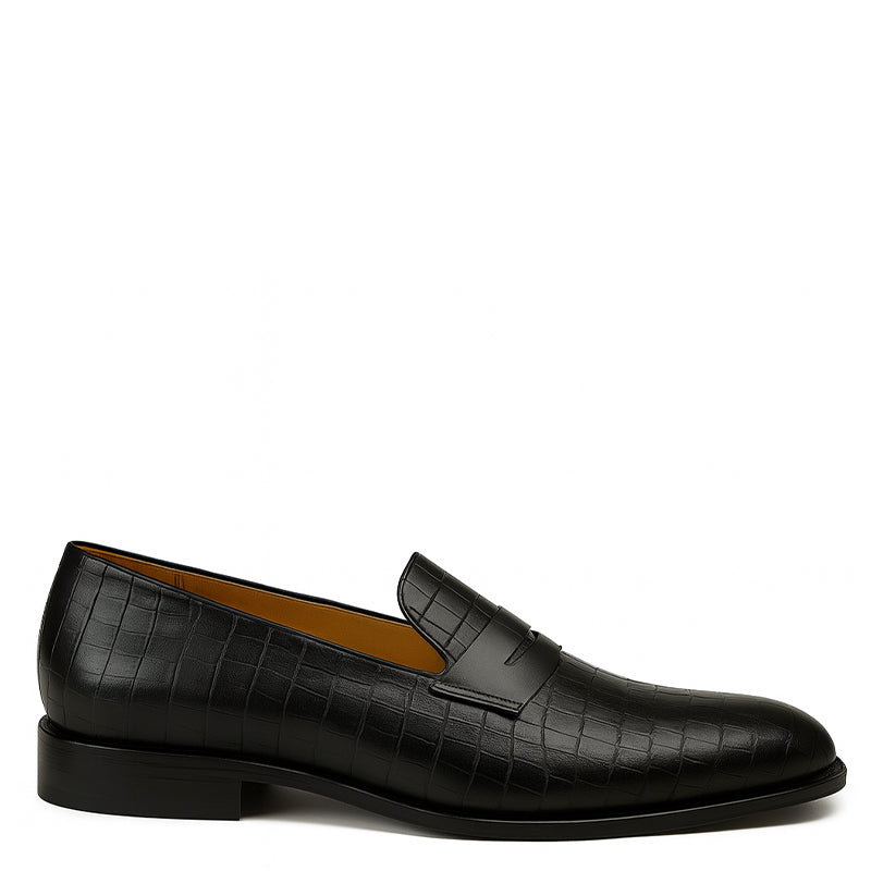 Italian Black Leather Loafer with Textured Pattern