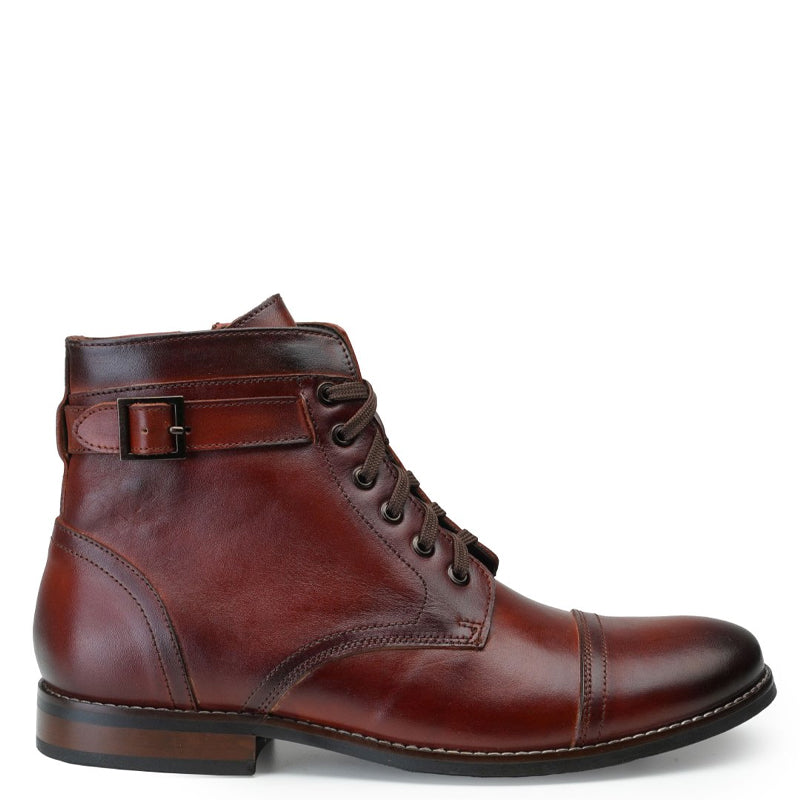 Men Solid High Buckle Leather Ankle Burgundy Boot 6/40 / Brown
