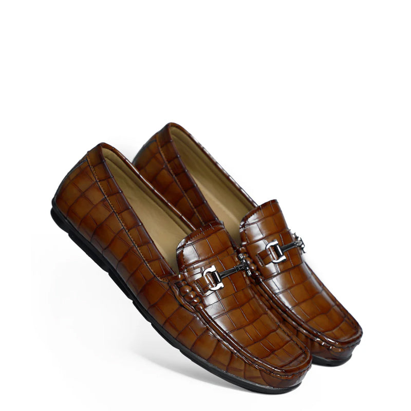 Croco Pattern Leather Horsebit Buckled Brown Loafer