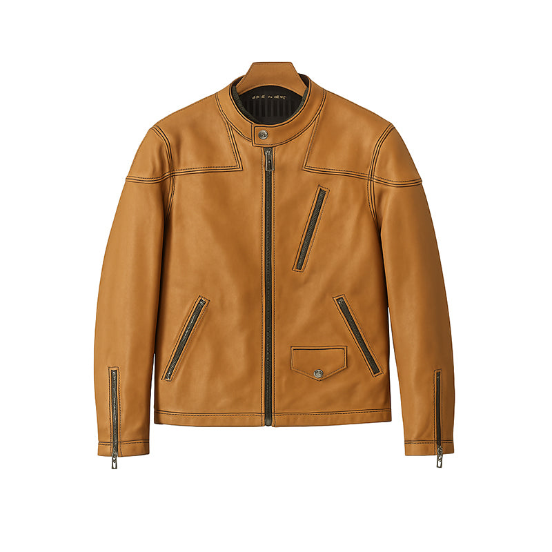 Men’s Zip-Up Vintage Tan Biker Jacket with Stand Collar & Pockets