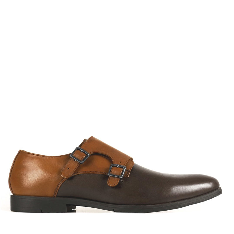 Leather Double Monk Strap Brown and Tan Shoe For Men