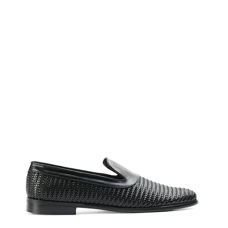 Woven Slip On Leather Black Loafer For Men