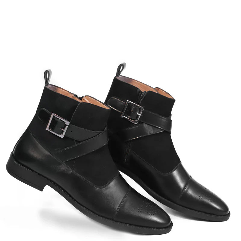 Leather Side Zip-Up Buckled Ankle Black Boot