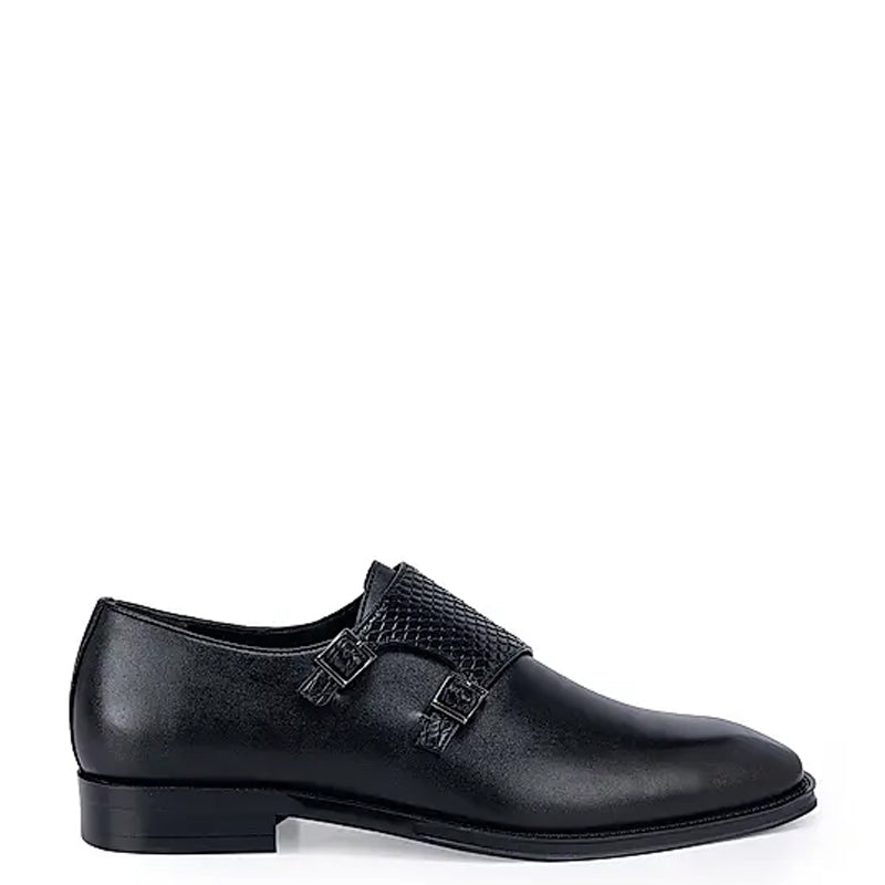 Polished Shiny Leather Textured Double Monk Shoe Black