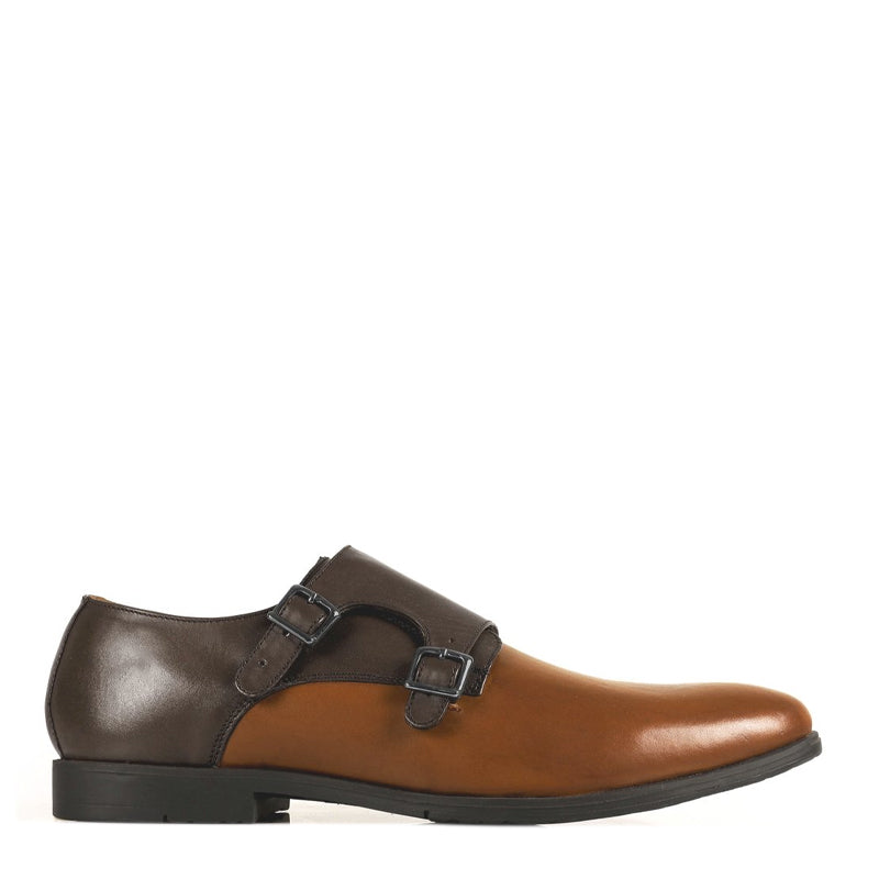 Leather Double Monk Strap Brown and Tan Shoe For Men