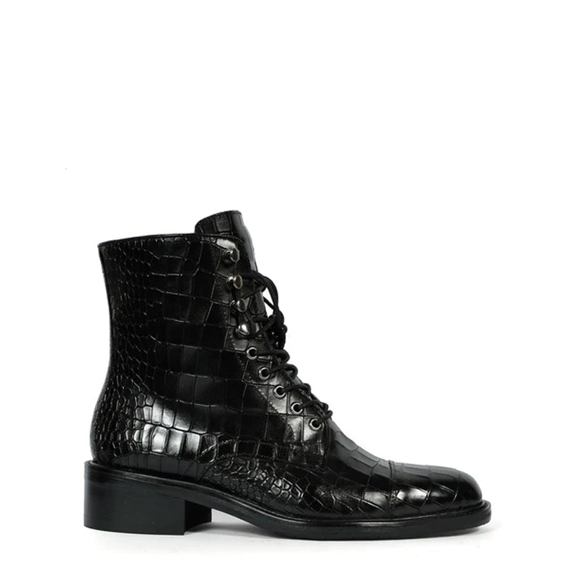 Croco Leather Lace-Up High Ankle Boot Black