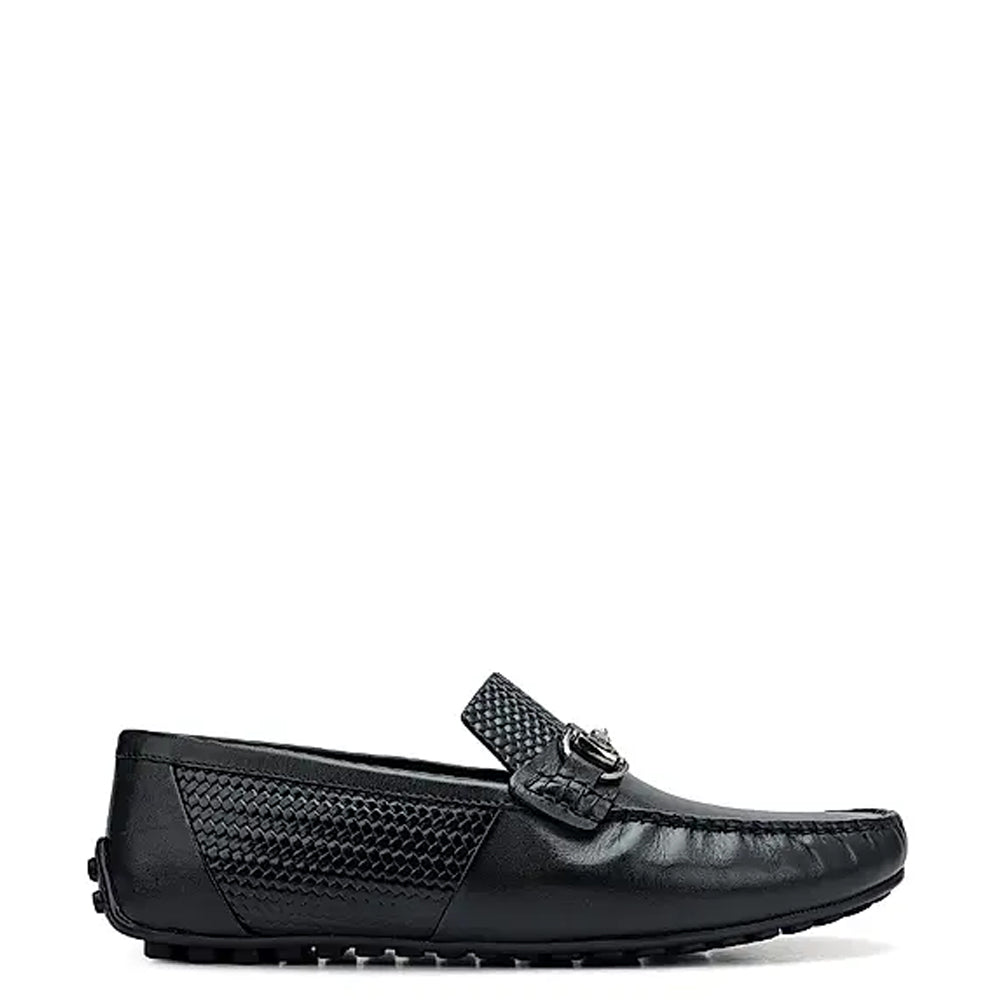 Men Round Toe Leather Moccasins Buckled Black Loafer