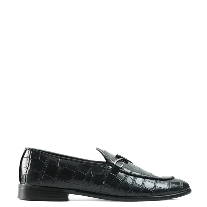Croco Print Leather Stylish Black Loafer With Side Hook
