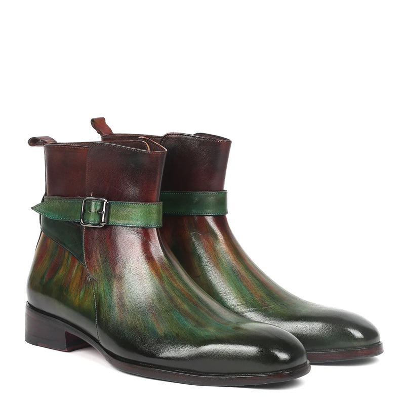 Hand Painted Leather Green and Burgundy Jodhpur Boot With Buckle
