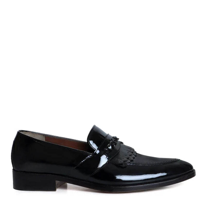 Patent Leather Slip-On Black Loafer With Dual Fringes