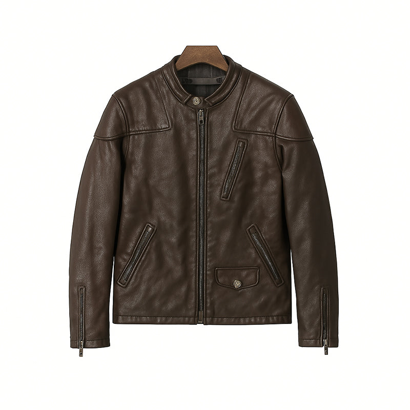 Men s Zip Up Vintage Burgundy Biker Jacket with Stand Collar and Pockets
