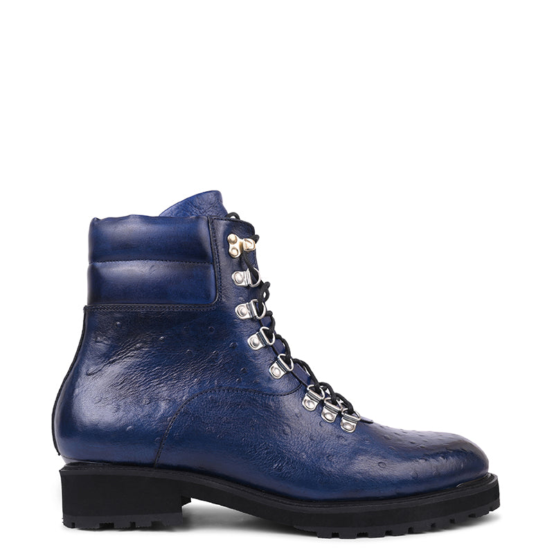 Men Solid Leather Side-Zip Biker Ankle Blue Boot