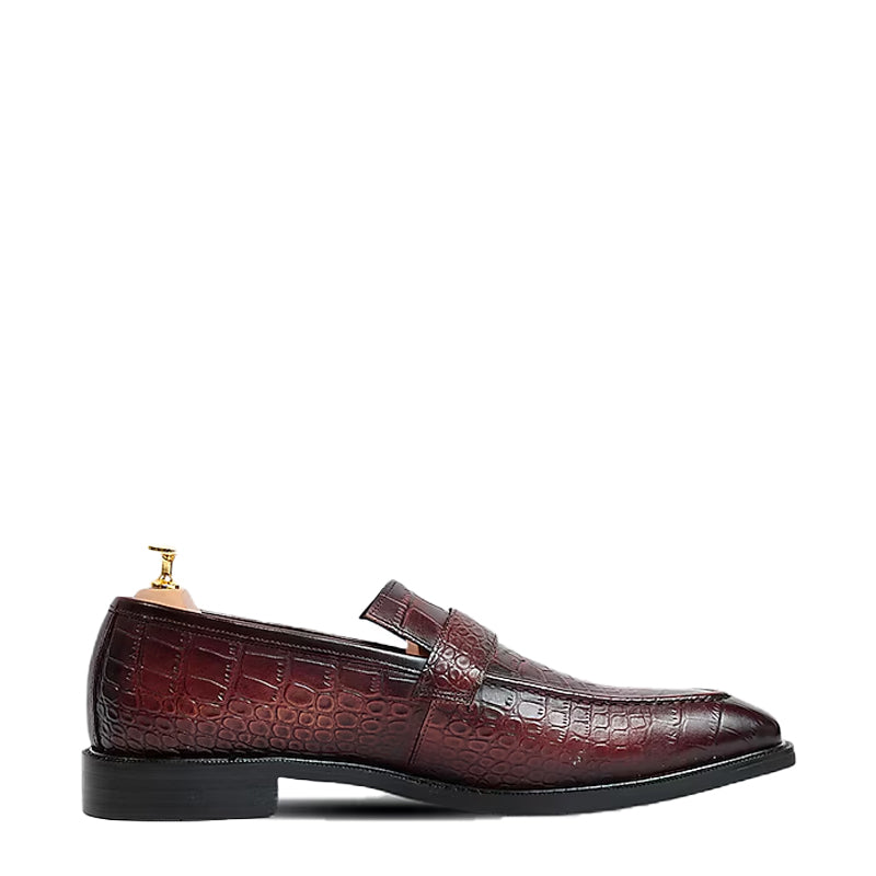 Crocodile Textured Monk Strap Leather Loafer Brown