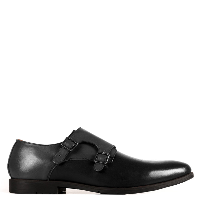 Leather Double Monk Strap Black and Burgundy Shoe For Men