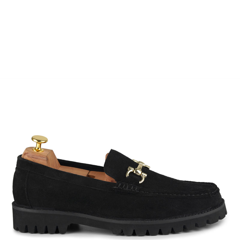 Suede Leather With Horse-bit Buckled Black Loafer
