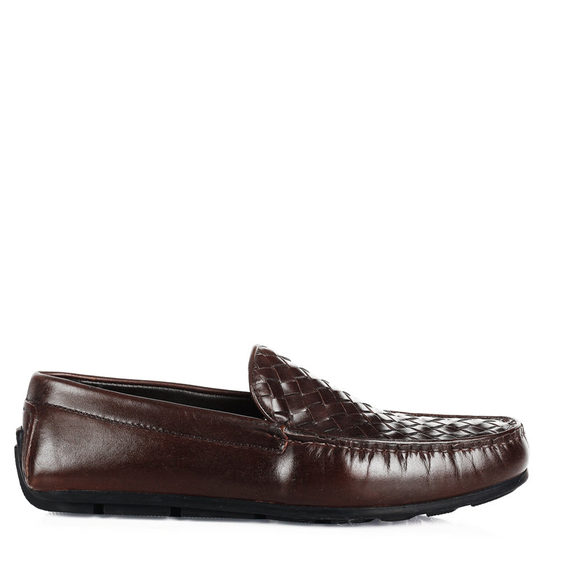 Weaved Textured Shiny Leather Driving Black Loafer
