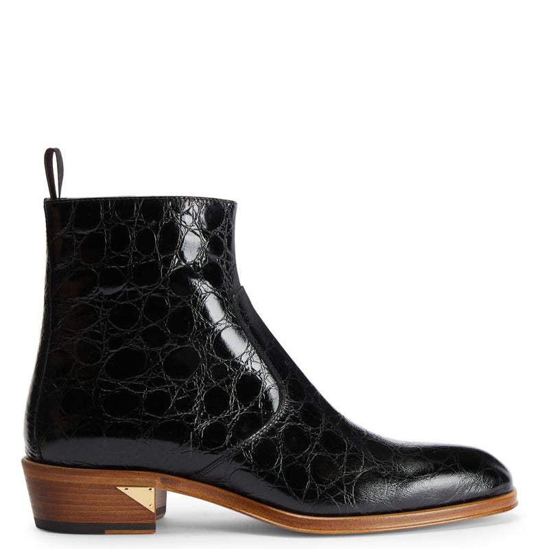 Croco Print Leather Chelsea High Ankle Black Boot