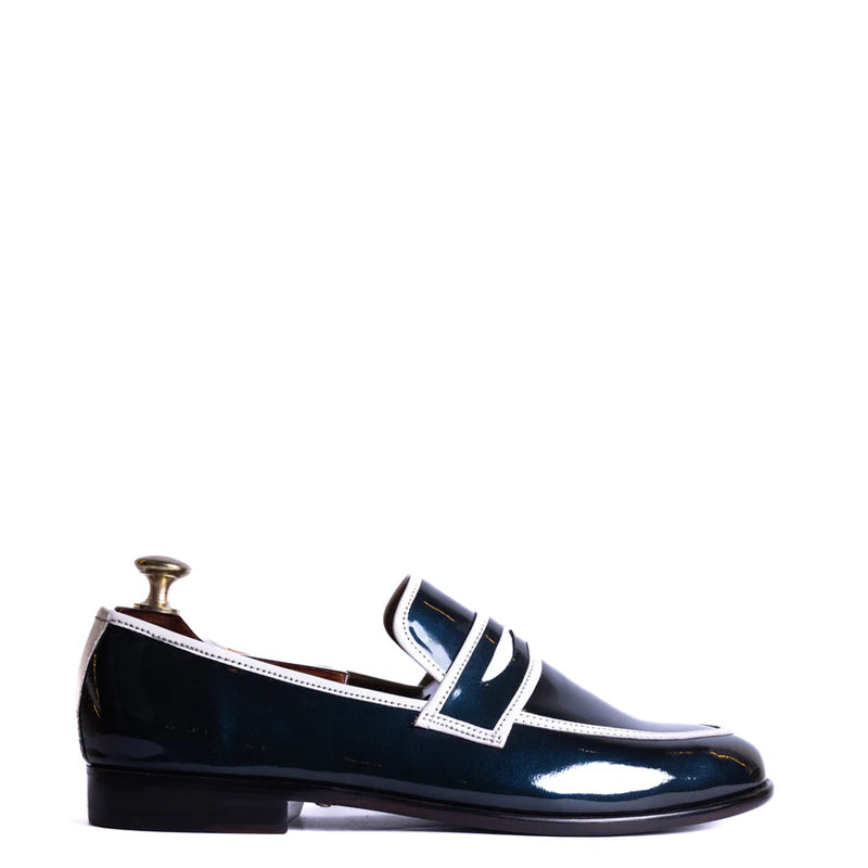 Patent Handmade Shiny Leather Blue and White Loafer