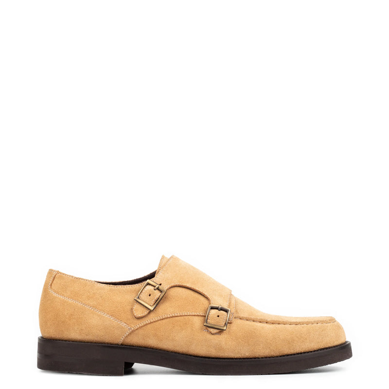 Men Suede Leather Double Monk Straps Tan Shoe
