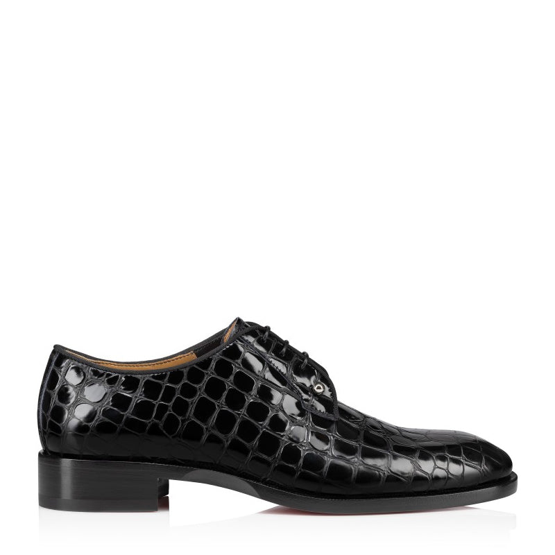 Croco Textured Leather Derby Black Shoe