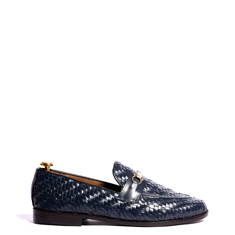 Pure Woven Leather Horsebit Buckled Blue Loafer