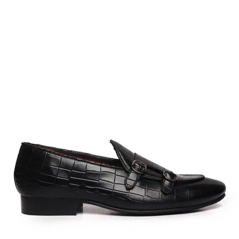 Deep Cut Croco Double Monk Black Shoe For Men