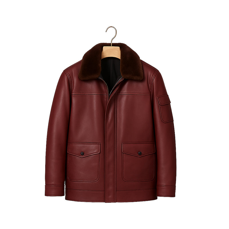 Men's Luxurious Burgundy Front Pocket Jacket with Fur Collar