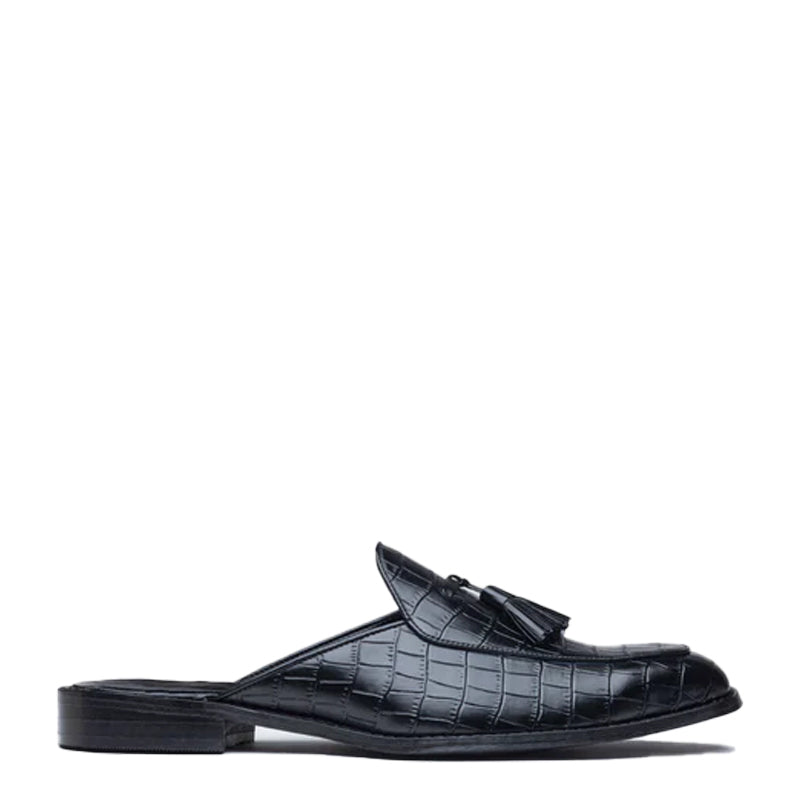 Croco Textured Leather Tassel Mule Shoe Brown