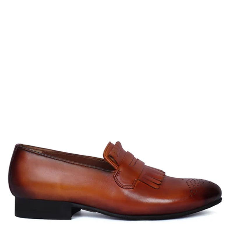 Patent Leather Slip-On Tan Shoe With Fringes