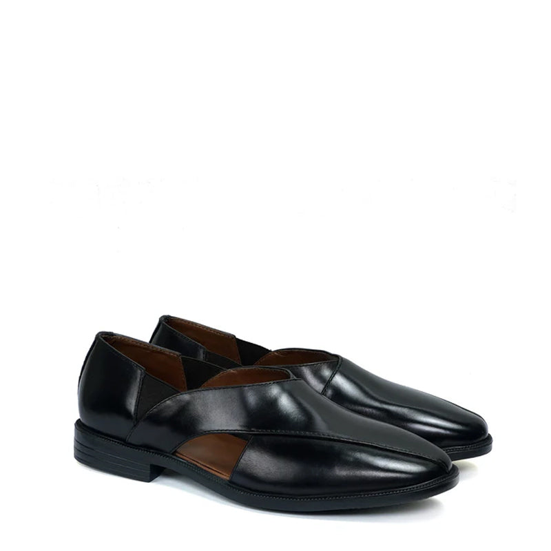 Cross Strap Slip On Leather Peshawari Black Sandal